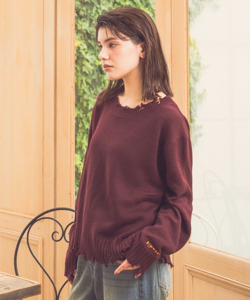 Zooodle（ズードル）の「Damaged Crewneck Knit - ダメージクルーネックニット -（ニット/セーター・メンズ・バーガンディー/グレー・LARGE/MEDIUM）」の13枚目の写真