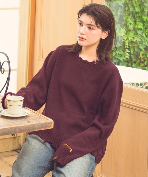 Zooodle（ズードル）の「Damaged Crewneck Knit - ダメージクルーネックニット -（ニット/セーター・メンズ・バーガンディー/グレー・LARGE/MEDIUM）」の17枚目の写真