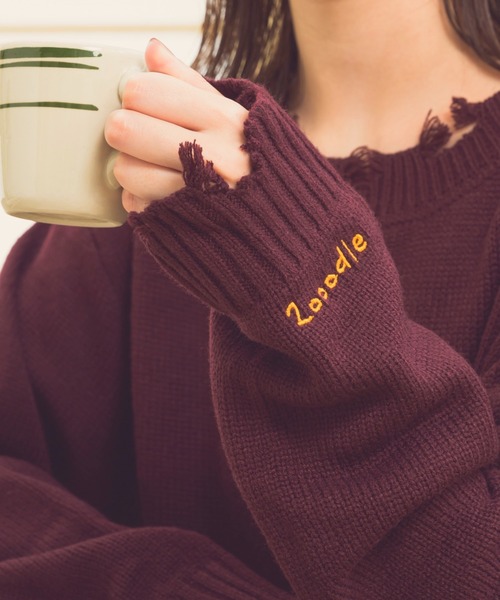 Zooodle（ズードル）の「Damaged Crewneck Knit - ダメージクルーネックニット -（ニット/セーター・メンズ・バーガンディー/グレー・LARGE/MEDIUM）」の19枚目の写真