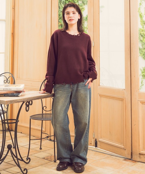 Zooodle（ズードル）の「Damaged Crewneck Knit - ダメージクルーネックニット -（ニット/セーター・メンズ・バーガンディー/グレー・LARGE/MEDIUM）」の16枚目の写真