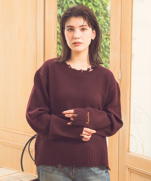 Zooodle（ズードル）の「Damaged Crewneck Knit - ダメージクルーネックニット -（ニット/セーター・メンズ・バーガンディー/グレー・LARGE/MEDIUM）」の12枚目の写真