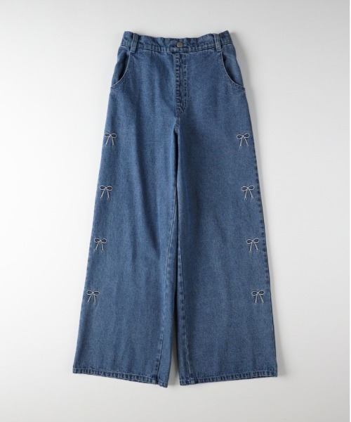 Right-on(ライトオン)の「VIVIAN BLUE(ヴィヴィアンブルー)【キッズ】サイドリボン刺繍ワイドパンツ(デニムパンツ・キッズ・ブラック/ダークインディゴブルー・130/140/150/160)」の4枚目の写真