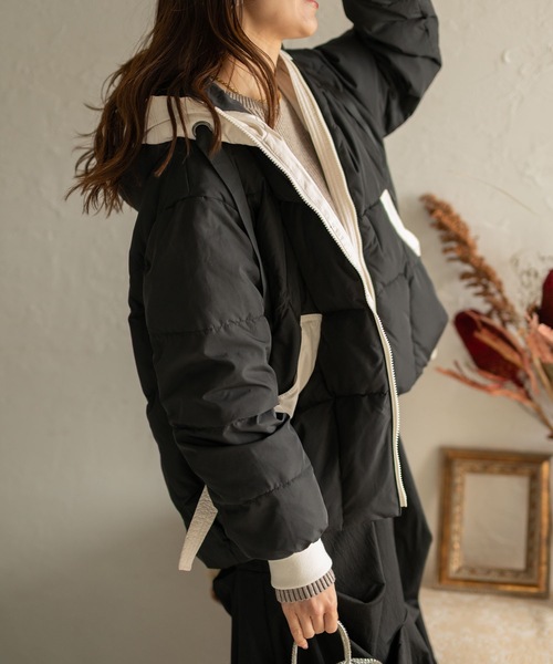 バイカラーキルティングコクーンダウンジャケット（ダウンジャケット