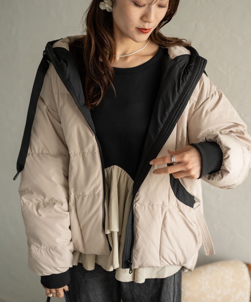 バイカラーキルティングコクーンダウンジャケット（ダウンジャケット