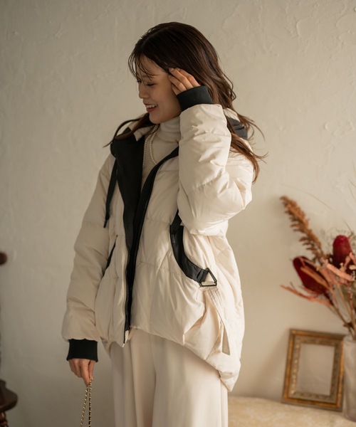 バイカラーキルティングコクーンダウンジャケット（ダウンジャケット