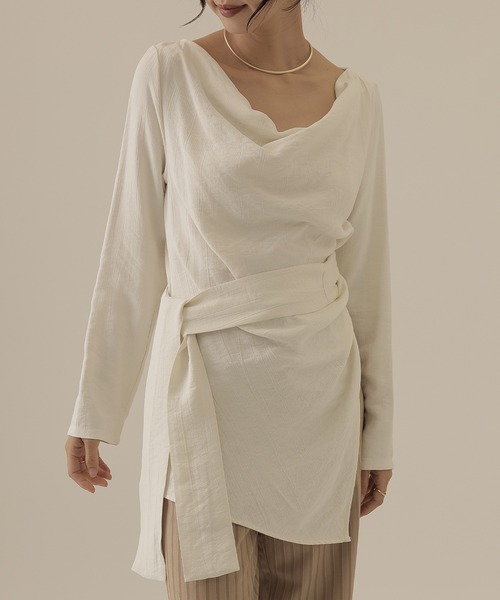 SUWDEE(スーディー)の「side slit belted tunic tops(Tシャツ/カットソー・レディース・チャコールグレー/ブラック/ホワイト・FREE)」の6枚目の写真