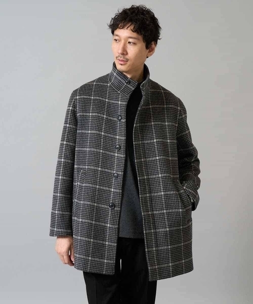 a.v.v(アーヴェヴェ)の「ウールライトビーバーチェックスタンドカラージャケット(ステンカラーコート・メンズ・ダークグレー・50/48/46)」の1枚目の写真