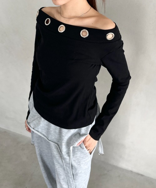 Bamm(バム)の「アイレットデザインオフショル長袖トップス(Tシャツ/カットソー・レディース・ブラック/ネイビー/ホワイト/ブラウン・FREE)」の14枚目の写真