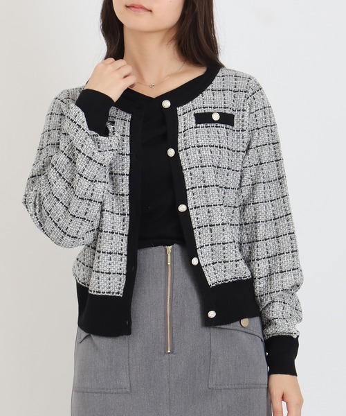 TRUDEA(トルディア)の「ツイードライクニットジャケット(カーディガン/ボレロ・レディース・ブラック/ホワイト・MEDIUM/LARGE)」の1枚目の写真