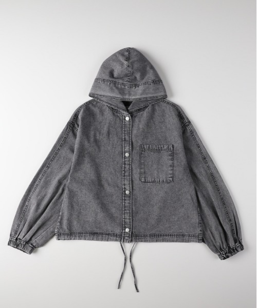 BACK NUMBER（バックナンバー）の「【BACK NUMBER】デニムフードシャツ (洗練デザイン / シンプルカジュアル / 女性らしさ)（シャツ/ブラウス・レディース・ブラック/グレー・M/L）」の2枚目の写真