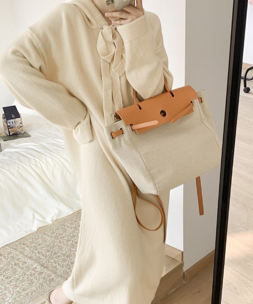 Teem Store(チームストア)の「フード付きニットワンピース(ワンピース・レディース・ブラック/アイボリー/グレー・F)」の2枚目の写真