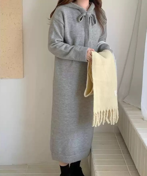 Teem Store(チームストア)の「フード付きニットワンピース(ワンピース・レディース・ブラック/アイボリー/グレー・F)」の8枚目の写真