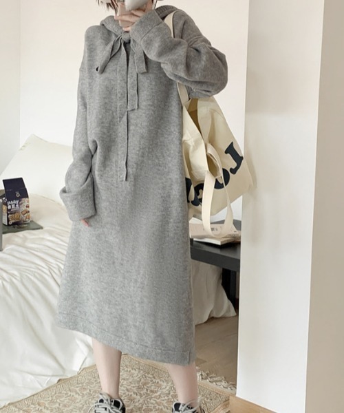 Teem Store(チームストア)の「フード付きニットワンピース(ワンピース・レディース・ブラック/アイボリー/グレー・F)」の15枚目の写真