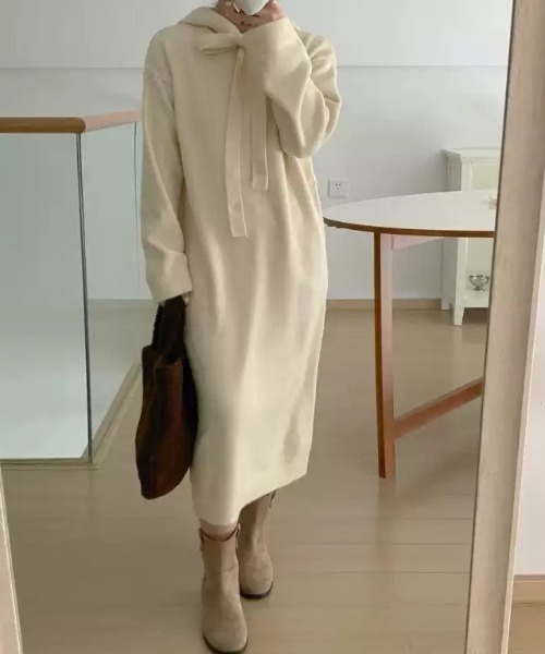 Teem Store(チームストア)の「フード付きニットワンピース(ワンピース・レディース・ブラック/アイボリー/グレー・F)」の10枚目の写真