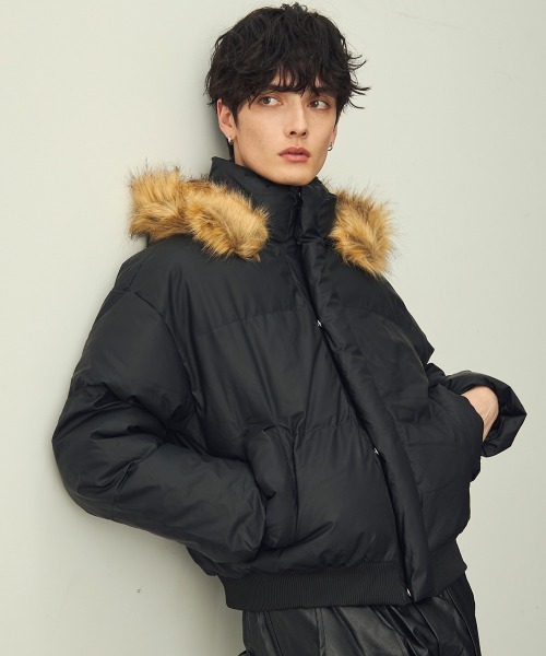 セール】Eco Fur Hooded Short Puffer Jacket / エコファーフード