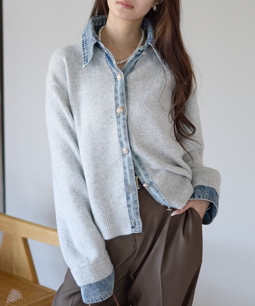 yuue' ( wear )(ユーイ)の「デニム異素材ドッキング 襟付きニットカーディガン(カーディガン/ボレロ・レディース・チャコールグレー/グレー/ネイビー/ブラウン/ブラック/オートミール・FREE)」の5枚目の写真