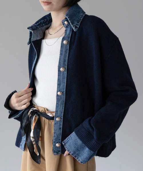 yuue' ( wear )(ユーイ)の「デニム異素材ドッキング 襟付きニットカーディガン(カーディガン/ボレロ・レディース・チャコールグレー/グレー/ネイビー/ブラウン/ブラック/オートミール・FREE)」の6枚目の写真
