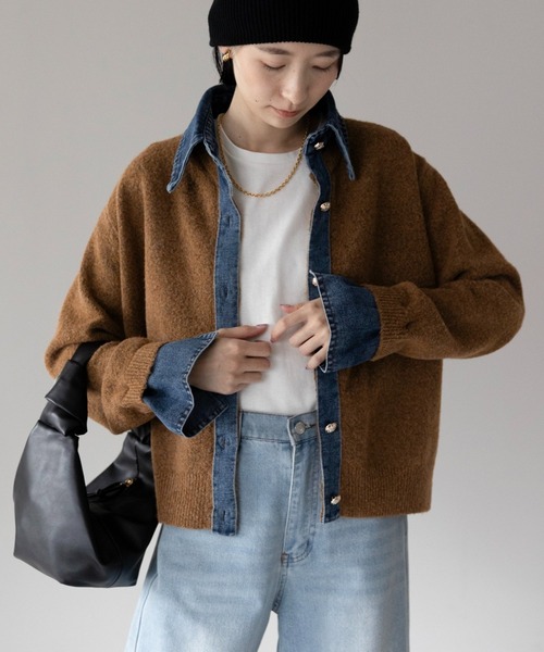 yuue' ( wear )(ユーイ)の「デニム異素材ドッキング 襟付きニットカーディガン(カーディガン/ボレロ・レディース・チャコールグレー/グレー/ネイビー/ブラウン/ブラック/オートミール・FREE)」の4枚目の写真
