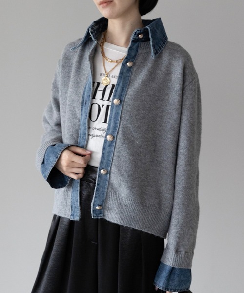 yuue' ( wear )(ユーイ)の「デニム異素材ドッキング 襟付きニットカーディガン(カーディガン/ボレロ・レディース・チャコールグレー/グレー/ネイビー/ブラウン/ブラック/オートミール・FREE)」の3枚目の写真