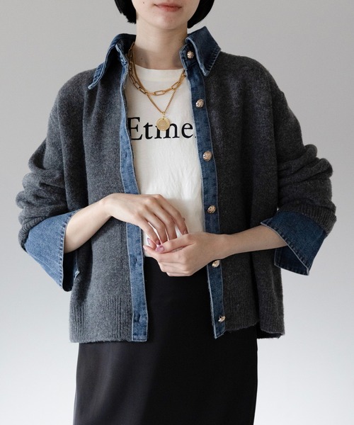yuue' ( wear )(ユーイ)の「デニム異素材ドッキング 襟付きニットカーディガン(カーディガン/ボレロ・レディース・チャコールグレー/グレー/ネイビー/ブラウン/ブラック/オートミール・FREE)」の2枚目の写真
