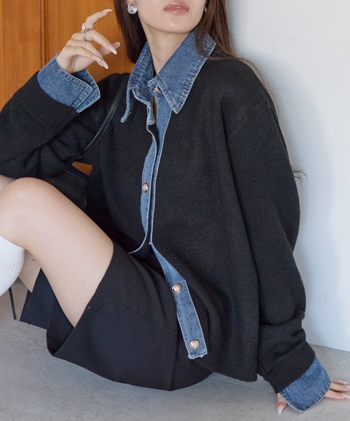 yuue' ( wear )(ユーイ)の「デニム異素材ドッキング 襟付きニットカーディガン(カーディガン/ボレロ・レディース・チャコールグレー/グレー/ネイビー/ブラウン/ブラック/オートミール・FREE)」の1枚目の写真