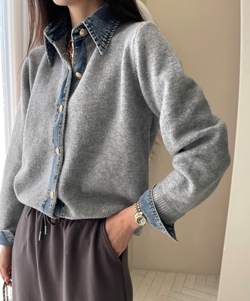 yuue' ( wear )(ユーイ)の「デニム異素材ドッキング 襟付きニットカーディガン(カーディガン/ボレロ・レディース・チャコールグレー/グレー/ネイビー/ブラウン/ブラック/オートミール・FREE)」の7枚目の写真