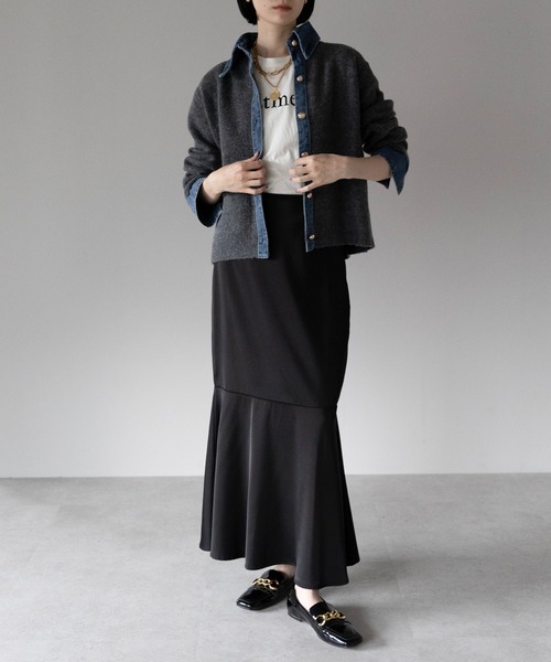 yuue' ( wear )(ユーイ)の「デニム異素材ドッキング 襟付きニットカーディガン(カーディガン/ボレロ・レディース・チャコールグレー/グレー/ネイビー/ブラウン/ブラック/オートミール・FREE)」の18枚目の写真