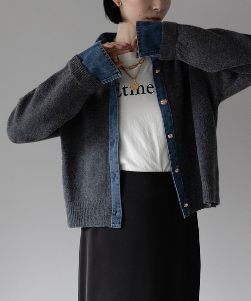 yuue' ( wear )(ユーイ)の「デニム異素材ドッキング 襟付きニットカーディガン(カーディガン/ボレロ・レディース・チャコールグレー/グレー/ネイビー/ブラウン/ブラック/オートミール・FREE)」の21枚目の写真