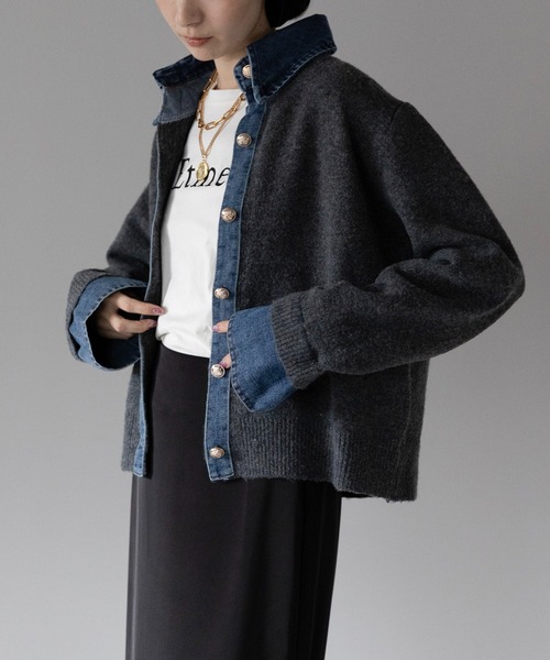 yuue' ( wear )(ユーイ)の「デニム異素材ドッキング 襟付きニットカーディガン(カーディガン/ボレロ・レディース・チャコールグレー/グレー/ネイビー/ブラウン/ブラック/オートミール・FREE)」の22枚目の写真