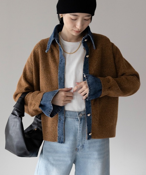 yuue' ( wear )(ユーイ)の「デニム異素材ドッキング 襟付きニットカーディガン(カーディガン/ボレロ・レディース・チャコールグレー/グレー/ネイビー/ブラウン/ブラック/オートミール・FREE)」の12枚目の写真