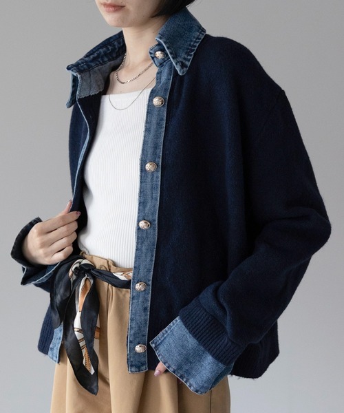 yuue' ( wear )(ユーイ)の「デニム異素材ドッキング 襟付きニットカーディガン(カーディガン/ボレロ・レディース・チャコールグレー/グレー/ネイビー/ブラウン/ブラック/オートミール・FREE)」の10枚目の写真