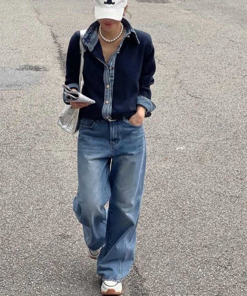 yuue' ( wear )(ユーイ)の「デニム異素材ドッキング 襟付きニットカーディガン(カーディガン/ボレロ・レディース・チャコールグレー/グレー/ネイビー/ブラウン/ブラック/オートミール・FREE)」の15枚目の写真