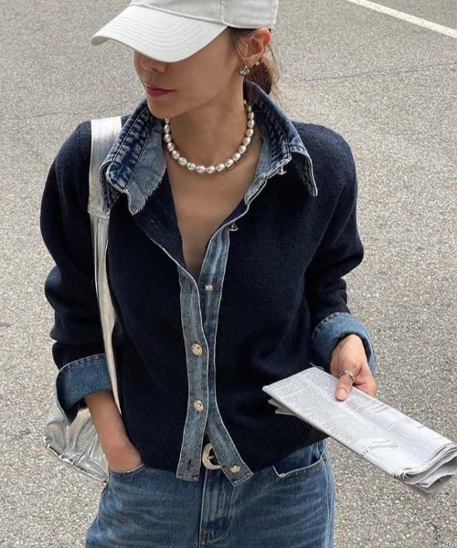 yuue' ( wear )(ユーイ)の「デニム異素材ドッキング 襟付きニットカーディガン(カーディガン/ボレロ・レディース・チャコールグレー/グレー/ネイビー/ブラウン/ブラック/オートミール・FREE)」の9枚目の写真