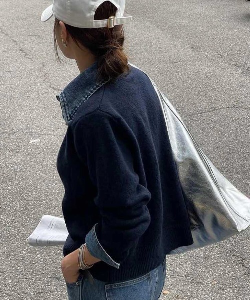 yuue' ( wear )(ユーイ)の「デニム異素材ドッキング 襟付きニットカーディガン(カーディガン/ボレロ・レディース・チャコールグレー/グレー/ネイビー/ブラウン/ブラック/オートミール・FREE)」の13枚目の写真