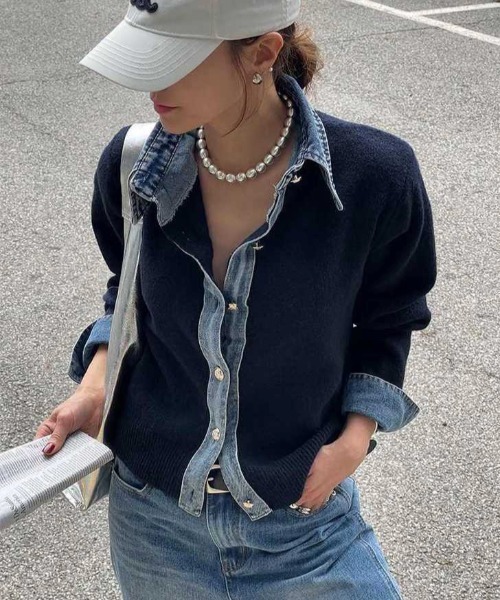 yuue' ( wear )(ユーイ)の「デニム異素材ドッキング 襟付きニットカーディガン(カーディガン/ボレロ・レディース・チャコールグレー/グレー/ネイビー/ブラウン/ブラック/オートミール・FREE)」の14枚目の写真