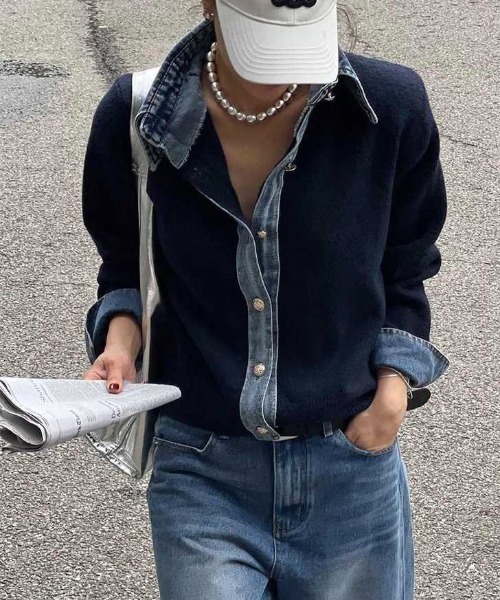 yuue' ( wear )(ユーイ)の「デニム異素材ドッキング 襟付きニットカーディガン(カーディガン/ボレロ・レディース・チャコールグレー/グレー/ネイビー/ブラウン/ブラック/オートミール・FREE)」の8枚目の写真