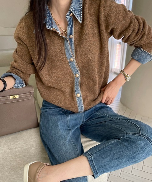 yuue' ( wear )(ユーイ)の「デニム異素材ドッキング 襟付きニットカーディガン(カーディガン/ボレロ・レディース・チャコールグレー/グレー/ネイビー/ブラウン/ブラック/オートミール・FREE)」の11枚目の写真