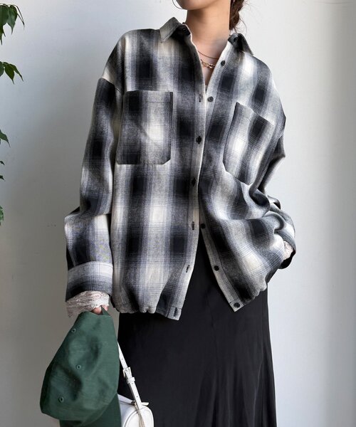 DouDou（ドゥドゥ）の「起毛チェックドロストシャツ（シャツ/ブラウス・レディース・ブラック/ベージュ・FREE）」の12枚目の写真