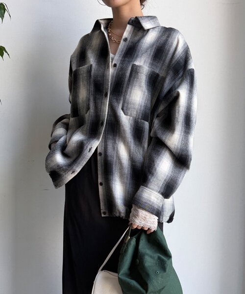 DouDou（ドゥドゥ）の「起毛チェックドロストシャツ（シャツ/ブラウス・レディース・ブラック/ベージュ・FREE）」の13枚目の写真