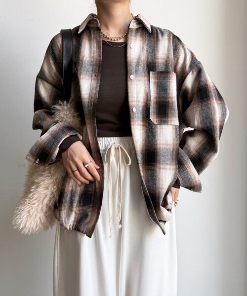 DouDou（ドゥドゥ）の「起毛チェックドロストシャツ（シャツ/ブラウス・レディース・ブラック/ベージュ・FREE）」の22枚目の写真