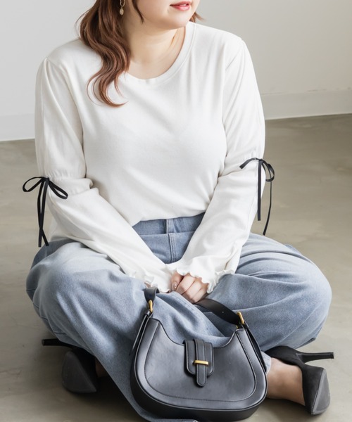 CLETTE(クレット)の「CLETTEオリジナル袖リボンリブカットソー(Tシャツ/カットソー・レディース・ブラック/オフホワイト/グレー・LL/3L/4L)」の2枚目の写真