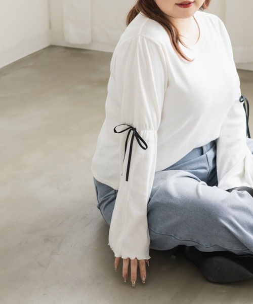 CLETTE(クレット)の「CLETTEオリジナル袖リボンリブカットソー(Tシャツ/カットソー・レディース・ブラック/オフホワイト/グレー・LL/3L/4L)」の5枚目の写真