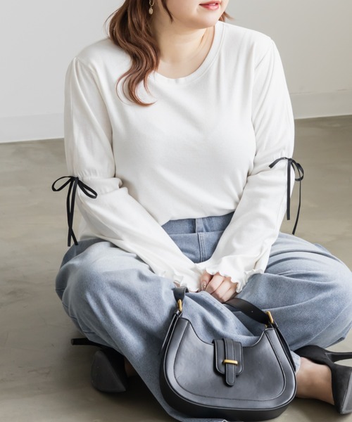 CLETTE(クレット)の「CLETTEオリジナル袖リボンリブカットソー(Tシャツ/カットソー・レディース・ブラック/オフホワイト/グレー・LL/3L/4L)」の4枚目の写真