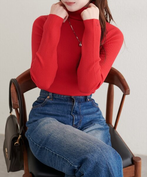 natural couture（ナチュラルクチュール）の「ワンポイント刺繍タートルリブニット（ニット/セーター・レディース・ブラック/グレー/オフホワイト/レッド/イエロー・FREE）」の5枚目の写真