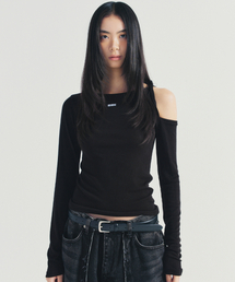 TWIST CUT OUT RIBBED SLEEVE TOP_BLACK