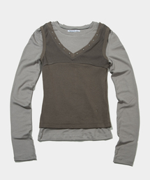 スタッズVネックツーウェイスリーブレスレイヤードTシャツ[ベージュ]