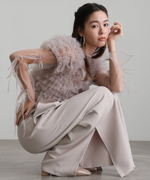 atlo(アトロ)の「オールインワンパーティードレス結婚式二次会&ワイドパンツボレロスリットシアートップス大きいサイズフォーマルロング丈オケージョンドレス同窓会成人式(パンツドレス・レディース・ブラック/ピンクベージュ・M/L/XL/XXL/4L/SS/5L)」の2枚目の写真