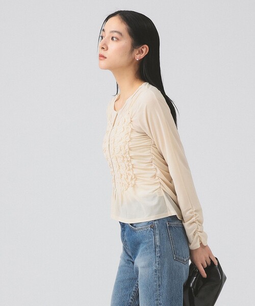 Ray BEAMS(レイビームス)の「シャーリング ギャザー カーディガン(Tシャツ/カットソー・レディース・ブラック/ベージュ・ONE SIZE)」の2枚目の写真