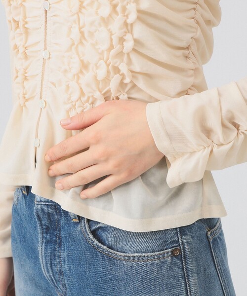 Ray BEAMS(レイビームス)の「シャーリング ギャザー カーディガン(Tシャツ/カットソー・レディース・ブラック/ベージュ・ONE SIZE)」の4枚目の写真