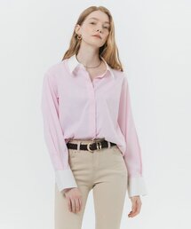 Hidden button cuffs detail stripe shirt (PINK STRIPE)